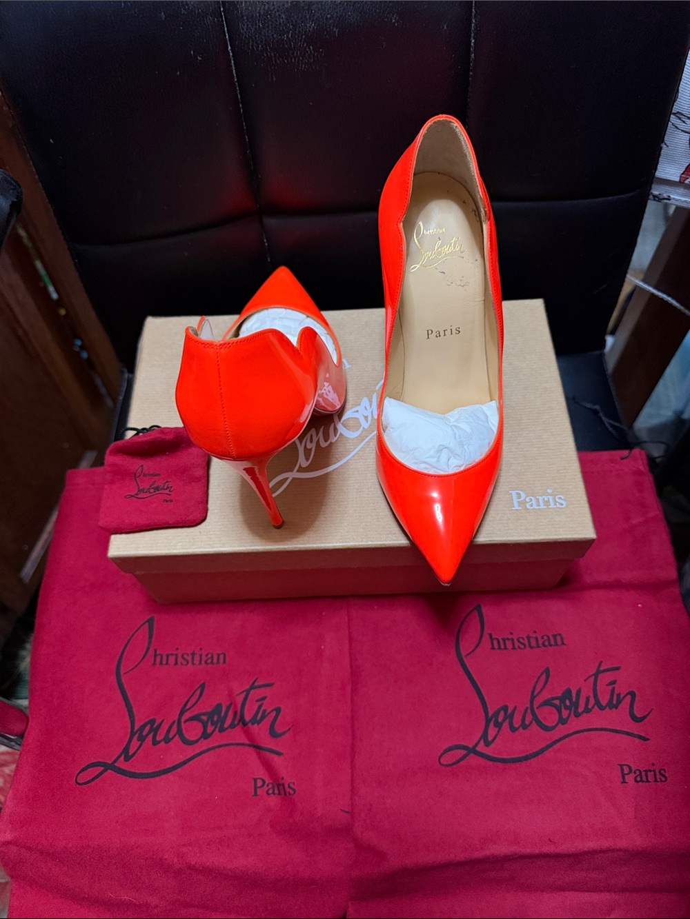 Christian Louboutin Bright Coral Hot Chick 100 Patent Fluo Stiletto Pumps